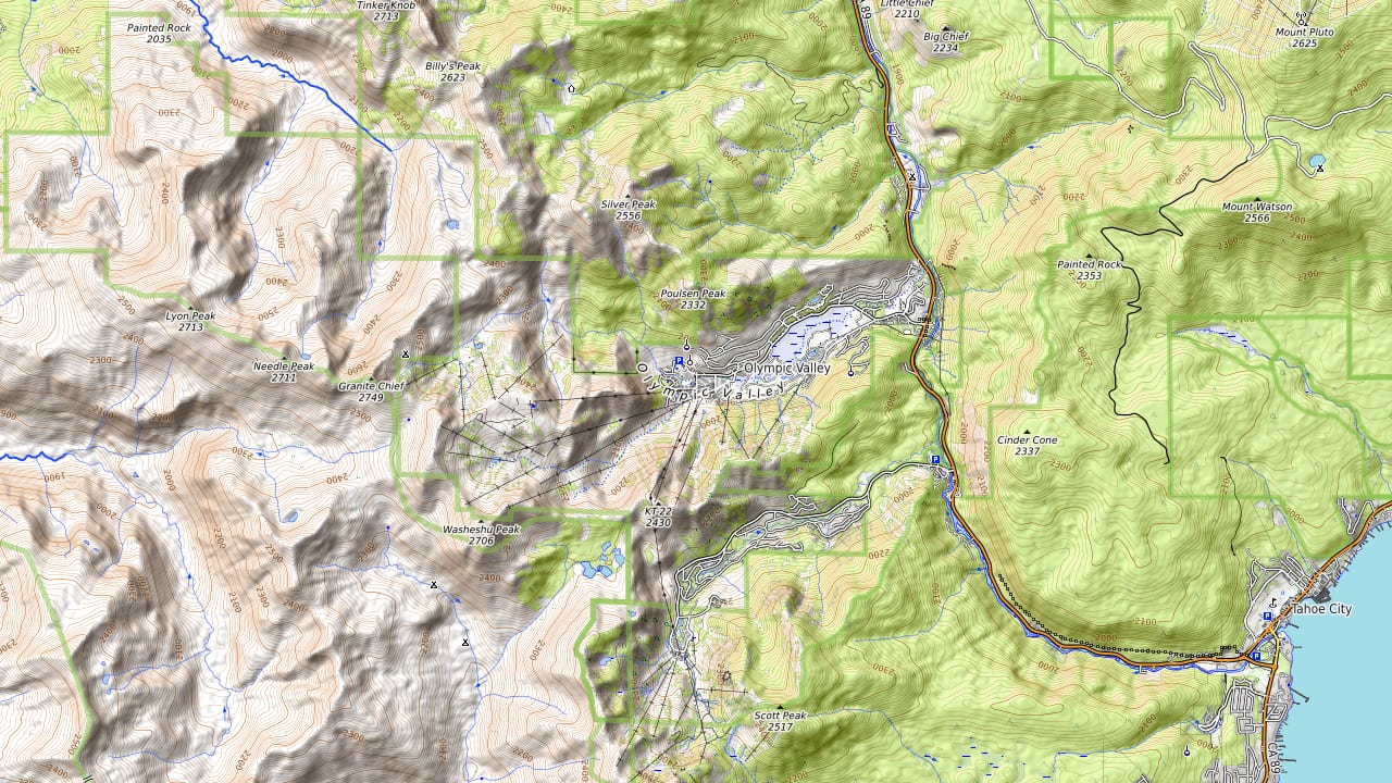 Terrain around Olympic Valley / Palisades Tahoe. Not an official course map.