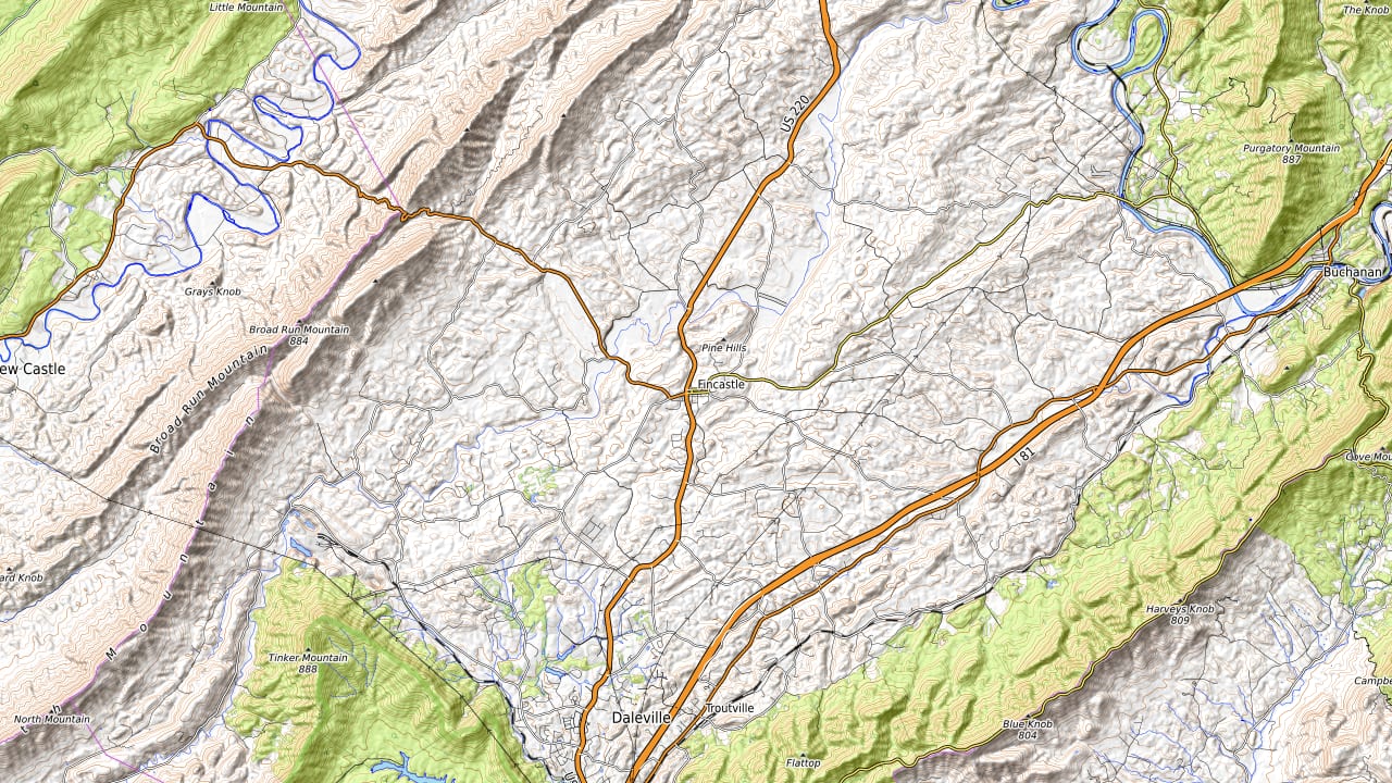 Terrain around Fincastle / Jefferson National Forest. Not an official course map.