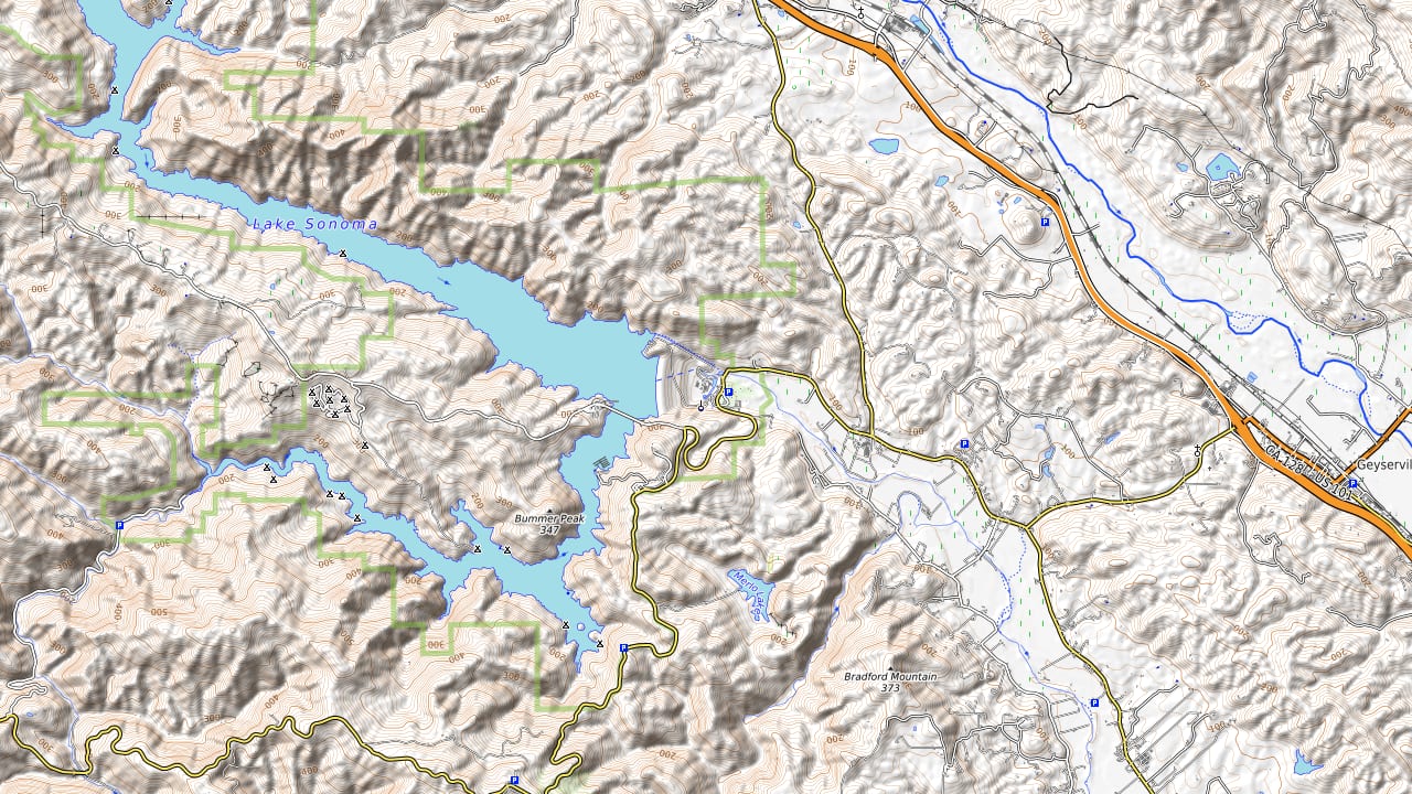 Terrain around Lake Sonoma / Healdsburg. Not an official course map.