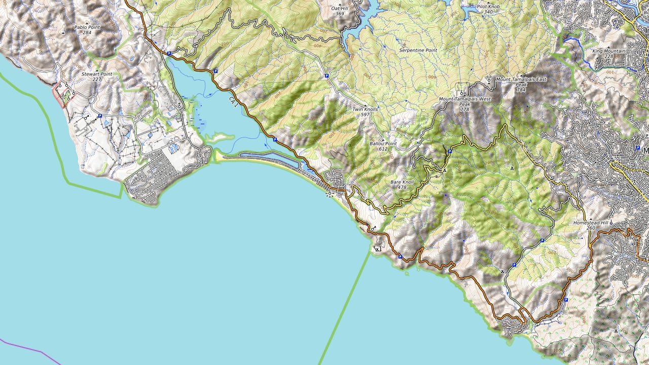 Terrain around Stinson Beach / Mount Tamalpais. Not an official course map.