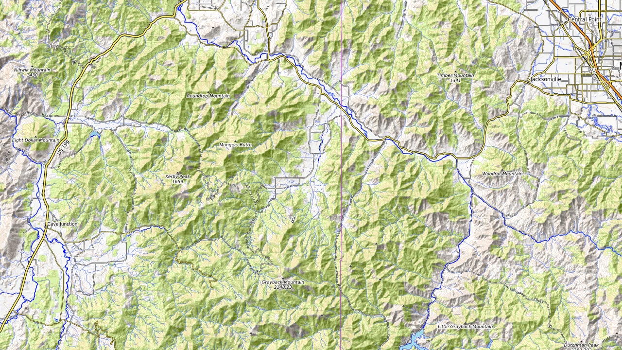 Terrain around Williams / Siskiyou Mountains, Oregon. Not an official course map.