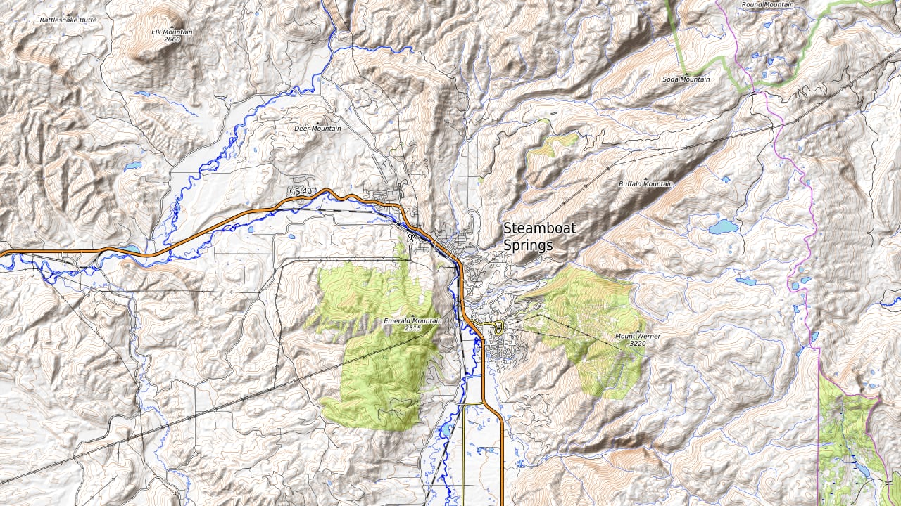 Terrain around Steamboat Springs / Park Range. Not an official course map.